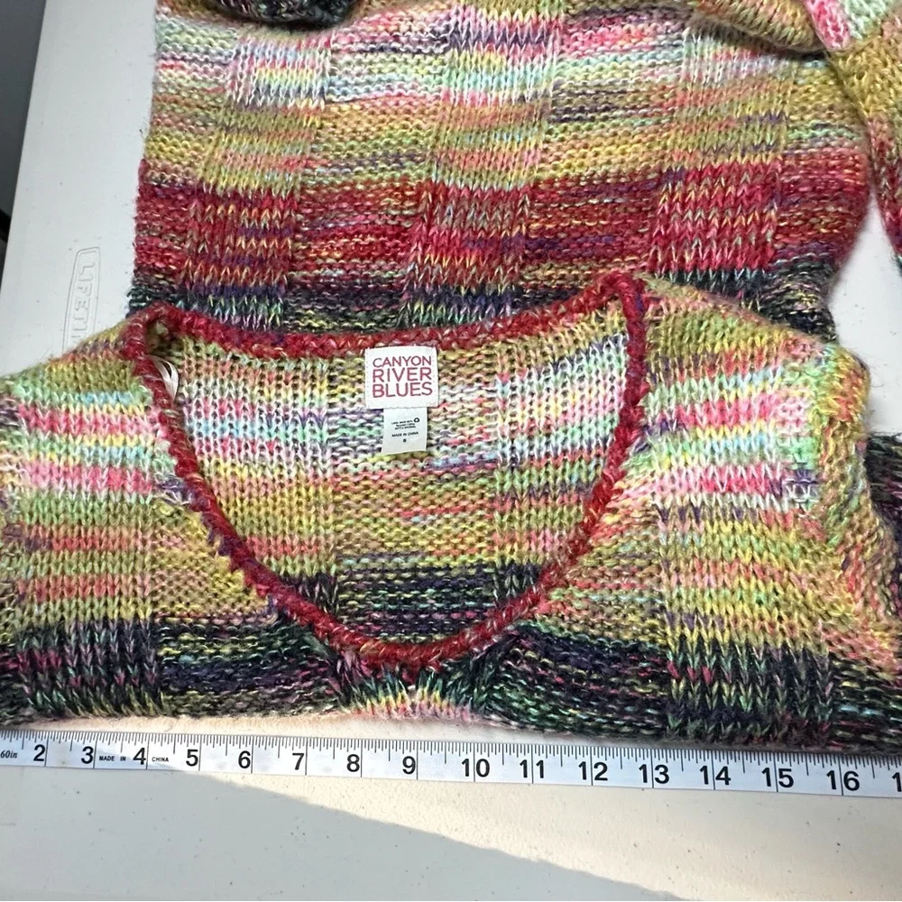 Vtg Y2K Rainbow Striped Tunic Sweater Sz S V Neck Hippie Indie Boho‎